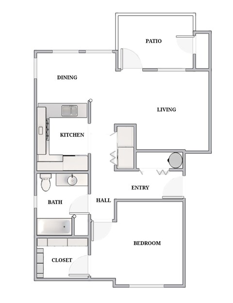Floor plan for 1 bed, 1 bath, 702 sqft